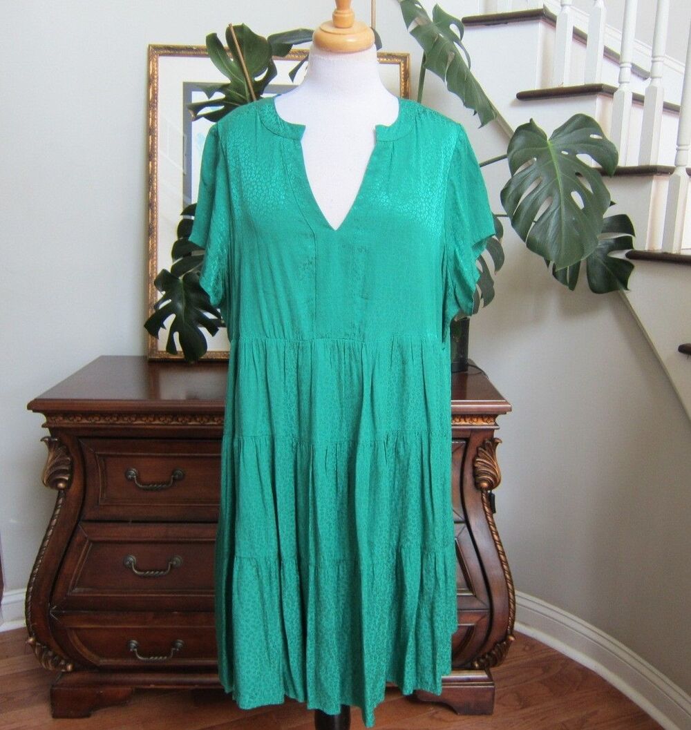 ANTHROPOLOGIE MAEVE Green SACHA Jacquard Tiered Tunic Dress Size 1X